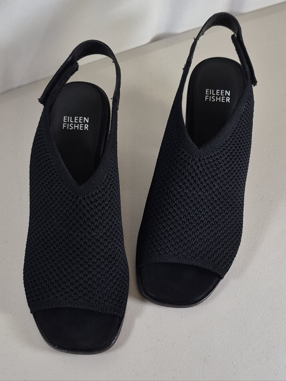 Eileen Fisher Avil Black Knit Peep-Toe Stacked Heel Slingback Sandal - Size 8.5
